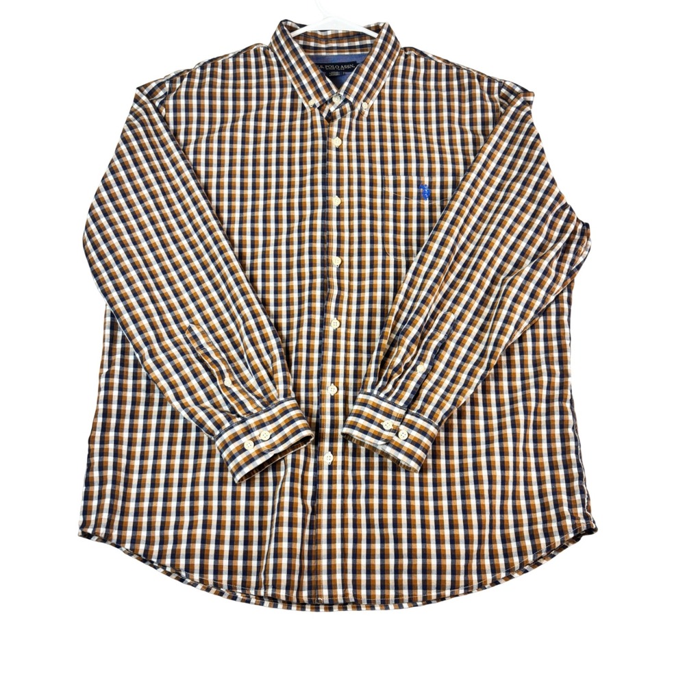 US Polo Assn Mens‎ 2XL Button Down Shirt Gingham Check Navy Orange Long Sleeve